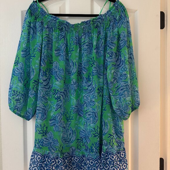 LILLY PULITZER OFF SHOULDER DRESS WOMEN XL GREEN BLUE FLORAL RESORT BOHO - Picture 2 of 10
